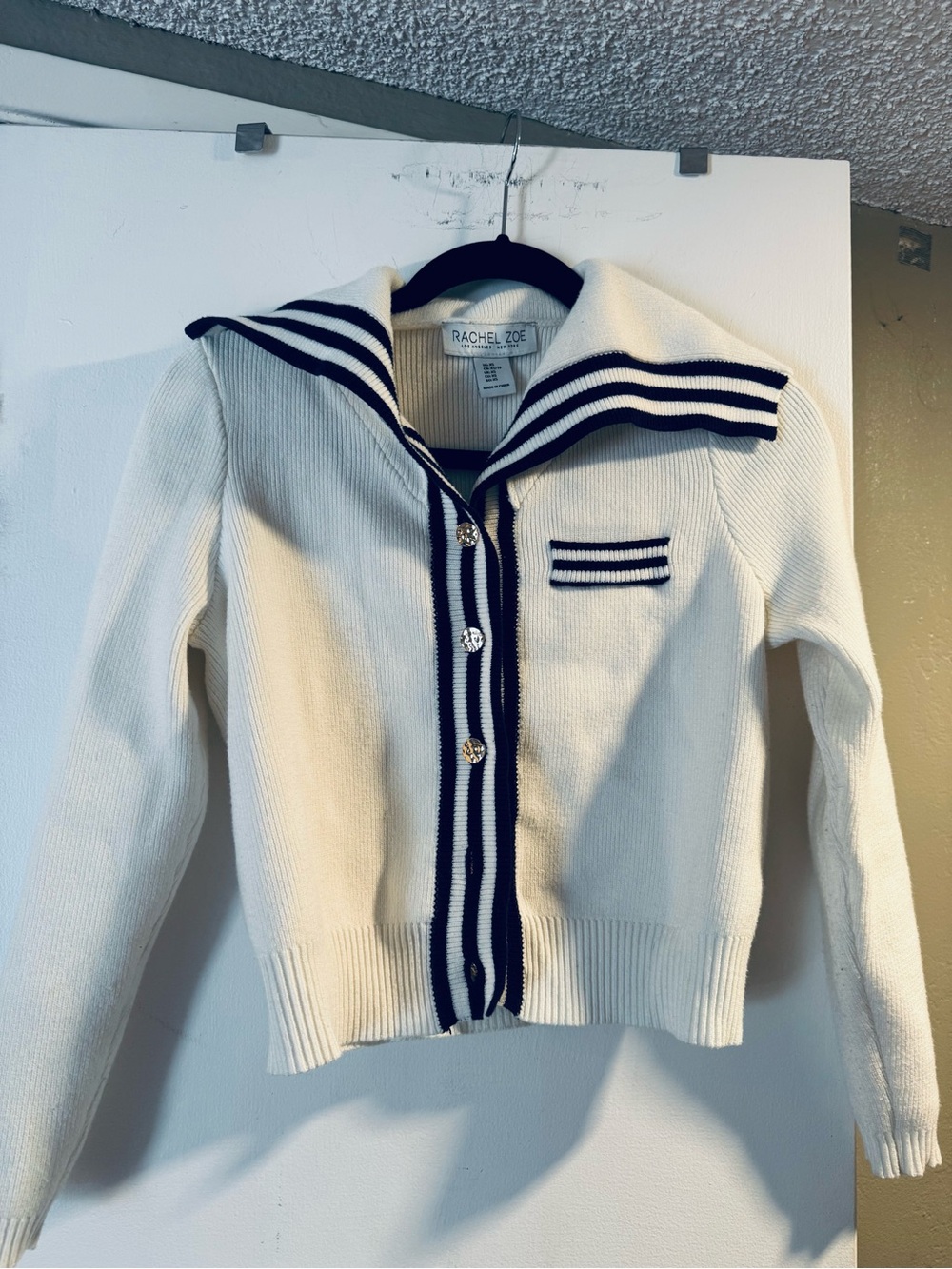 Rachel Zoe Cream Sailor-Striped Cardigan with Navy Trim